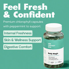 Her Fantasy Box Body Magic label detail shows vegan non-GMO ingredients