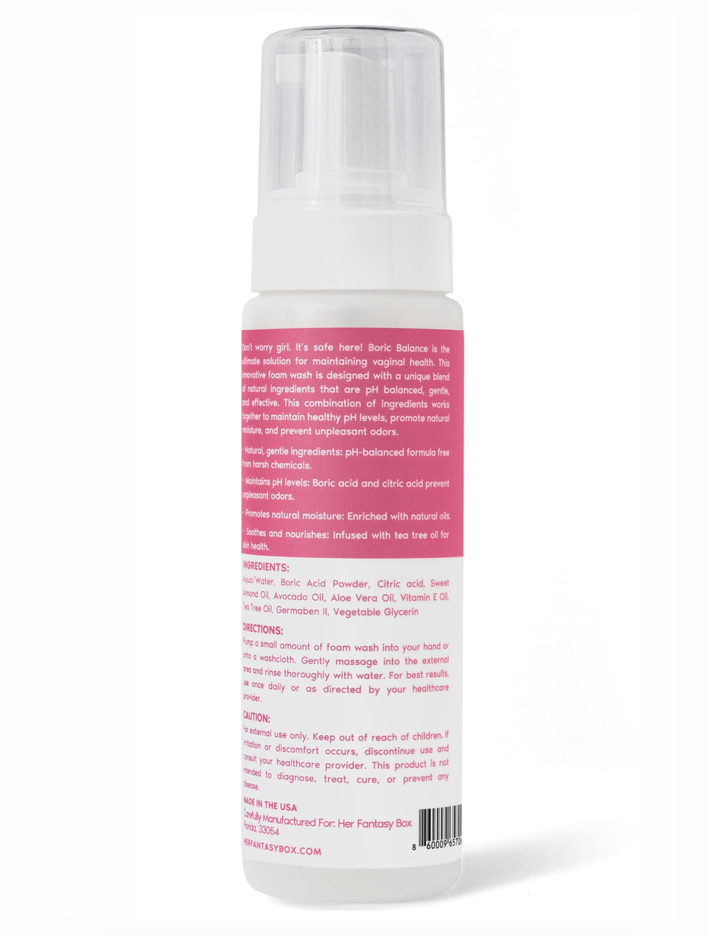 Her Fantasy Box Boric Balance Yoni Foam Wash pH-balanced formula maintains natural balance.