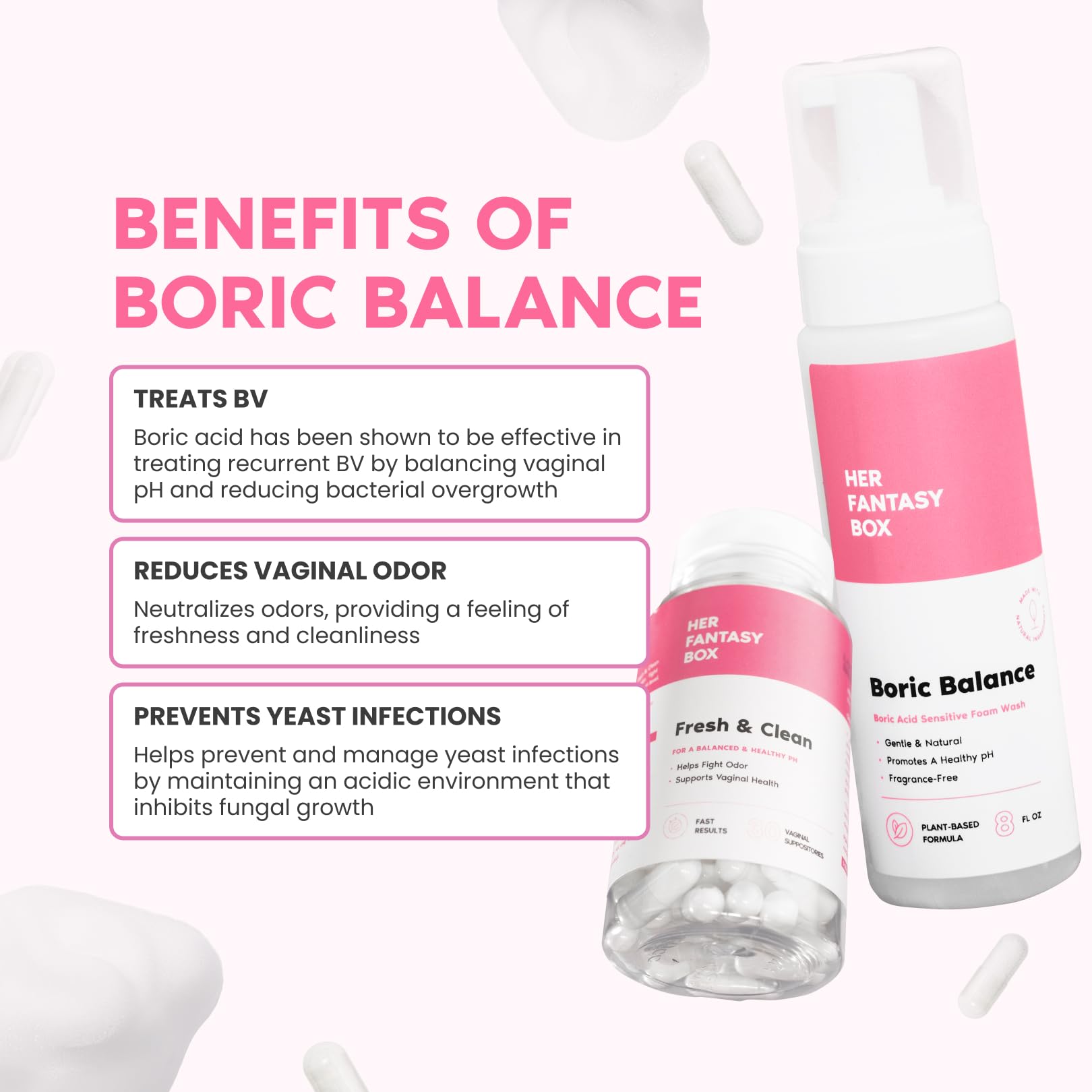 Her Fantasy Box Boric Balance Yoni Foam Wash pump for easy dispensing and gentle use.