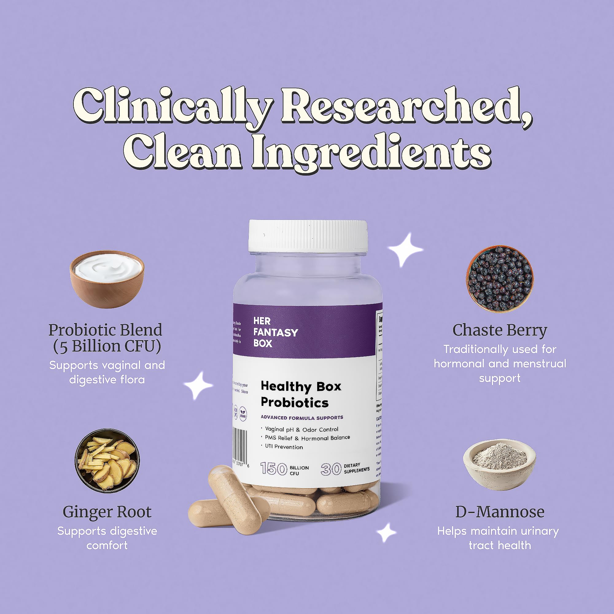 Her Fantasy Box Lactobacillus blend image emphasizing vaginal health