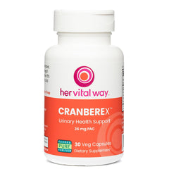 Her Vital Way Cranberex bottle promotes urinary tract health with capsules.