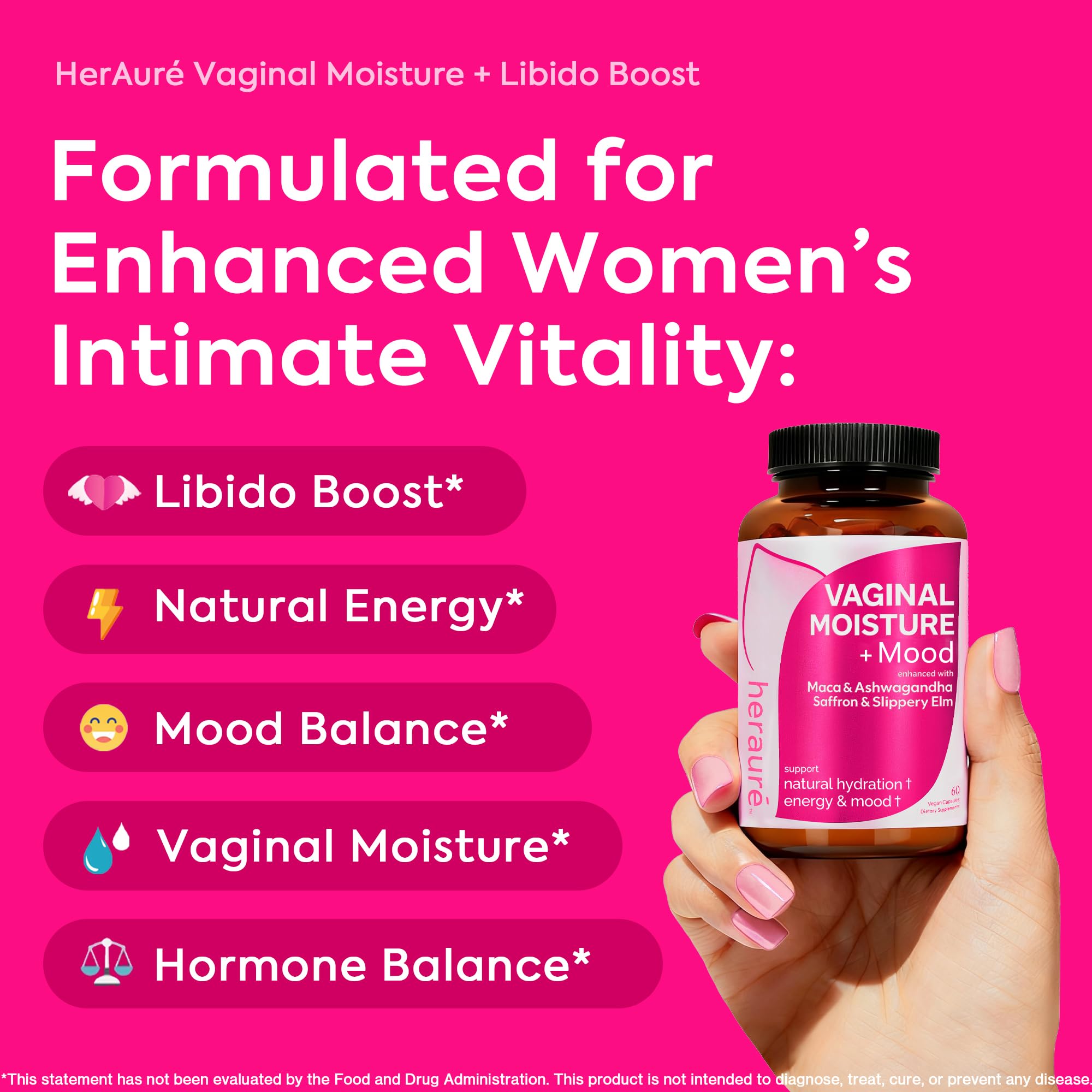 HerAuré capsules closeup suggesting convenient daily use for mood and intimacy