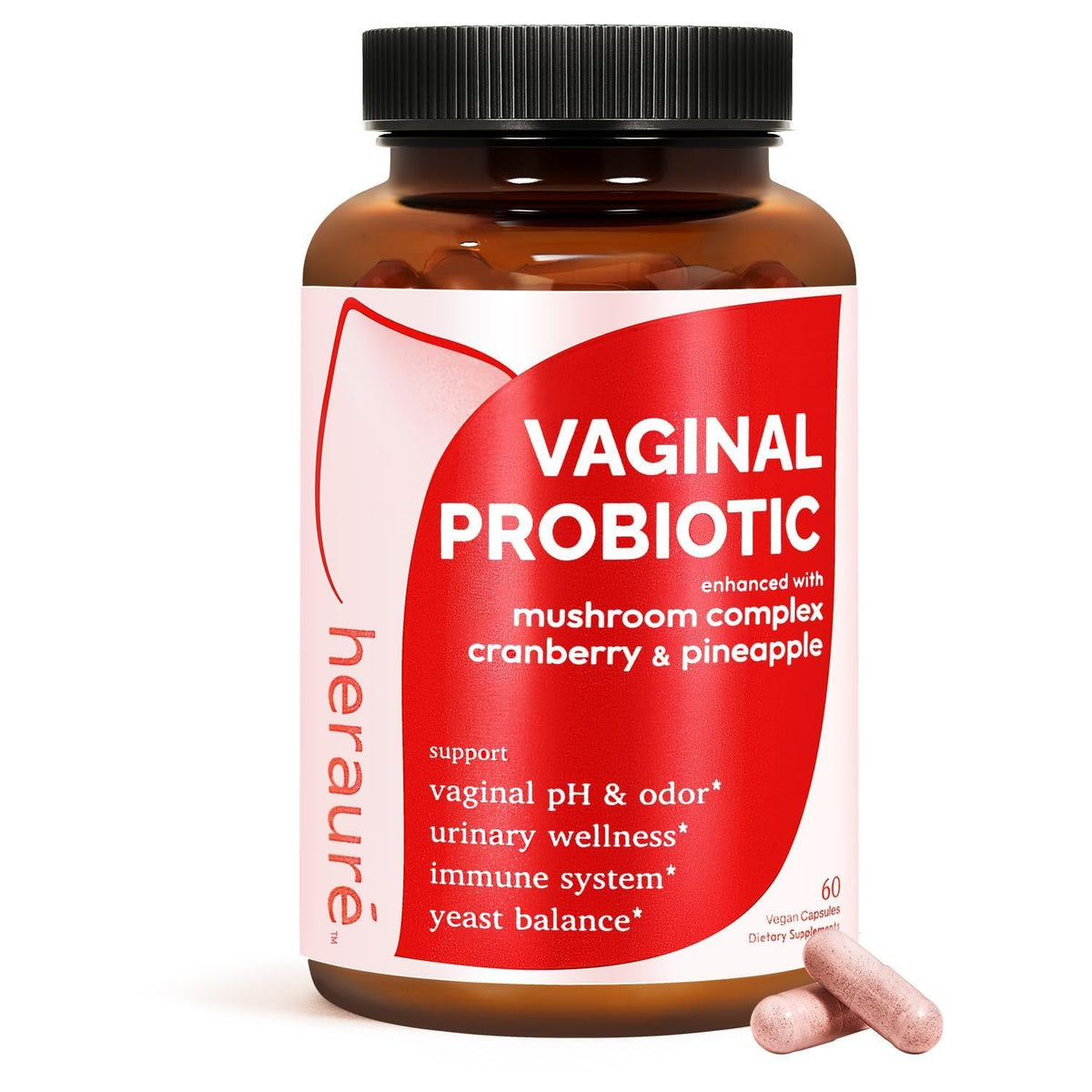 HerAuré Vaginal Probiotics bottle supports balanced vaginal flora and freshness.