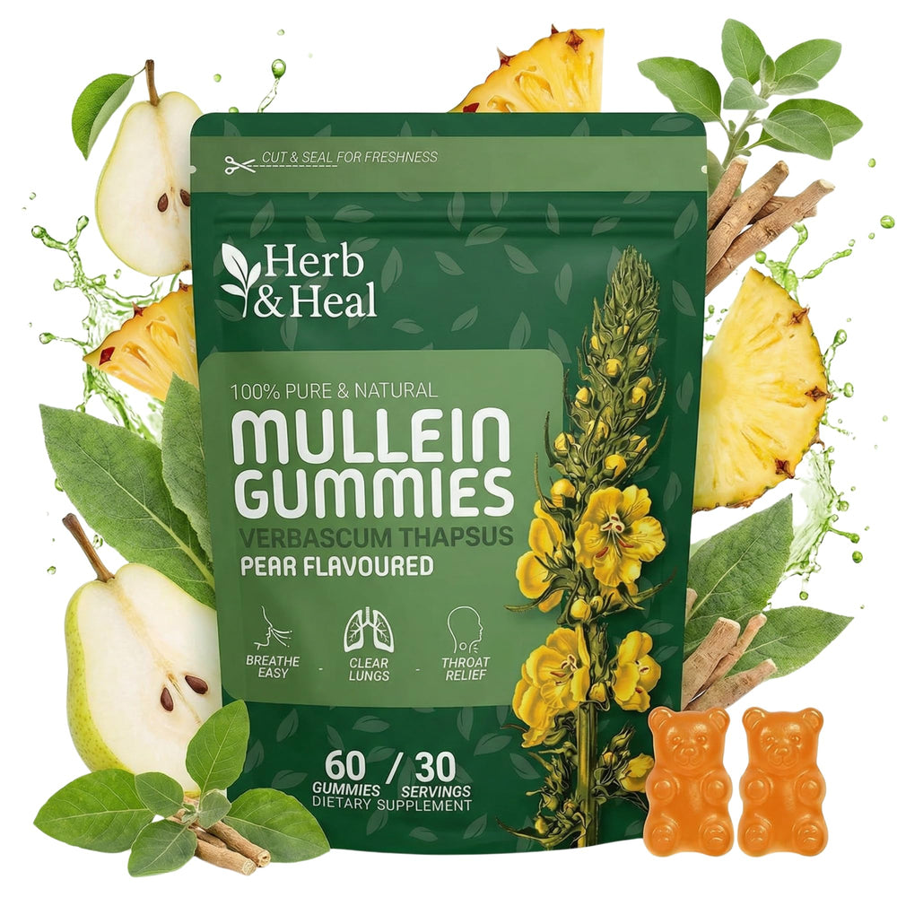 Herb & Heal Mullein Gummies packaging highlighting vegan formula for lung support