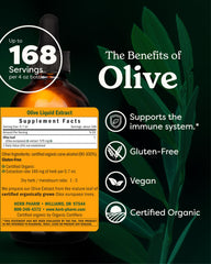 Label close-up on Herb Pharm olive leaf extract highlighting organic certification