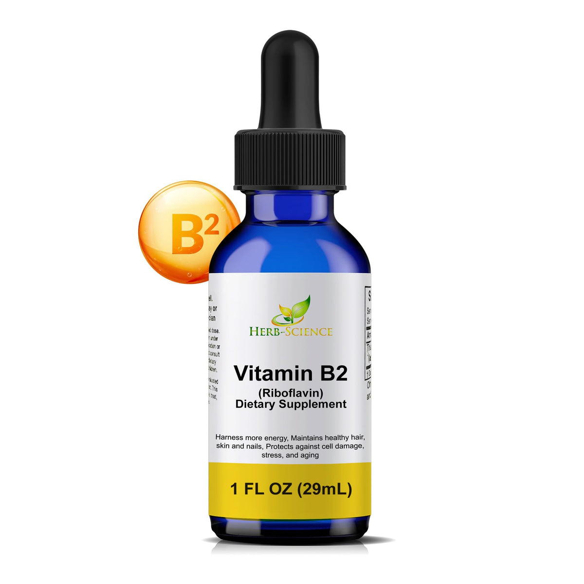 Herb-Science Vitamin B2 drops bottle pour supports easy energy planning.