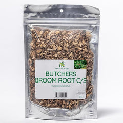 Herb To Body butchers broom root cut and sifted in a 4oz pouch, ideal for DIY herbal blends.