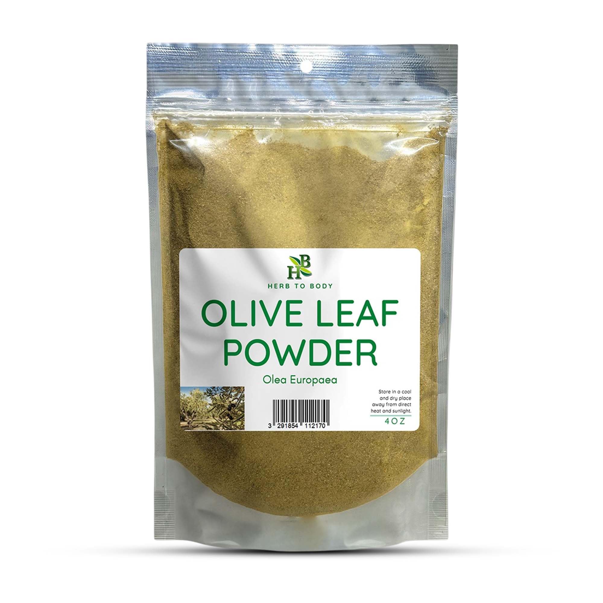 Herb To Body olive leaf powder in a 4oz pouch for tea and blends.