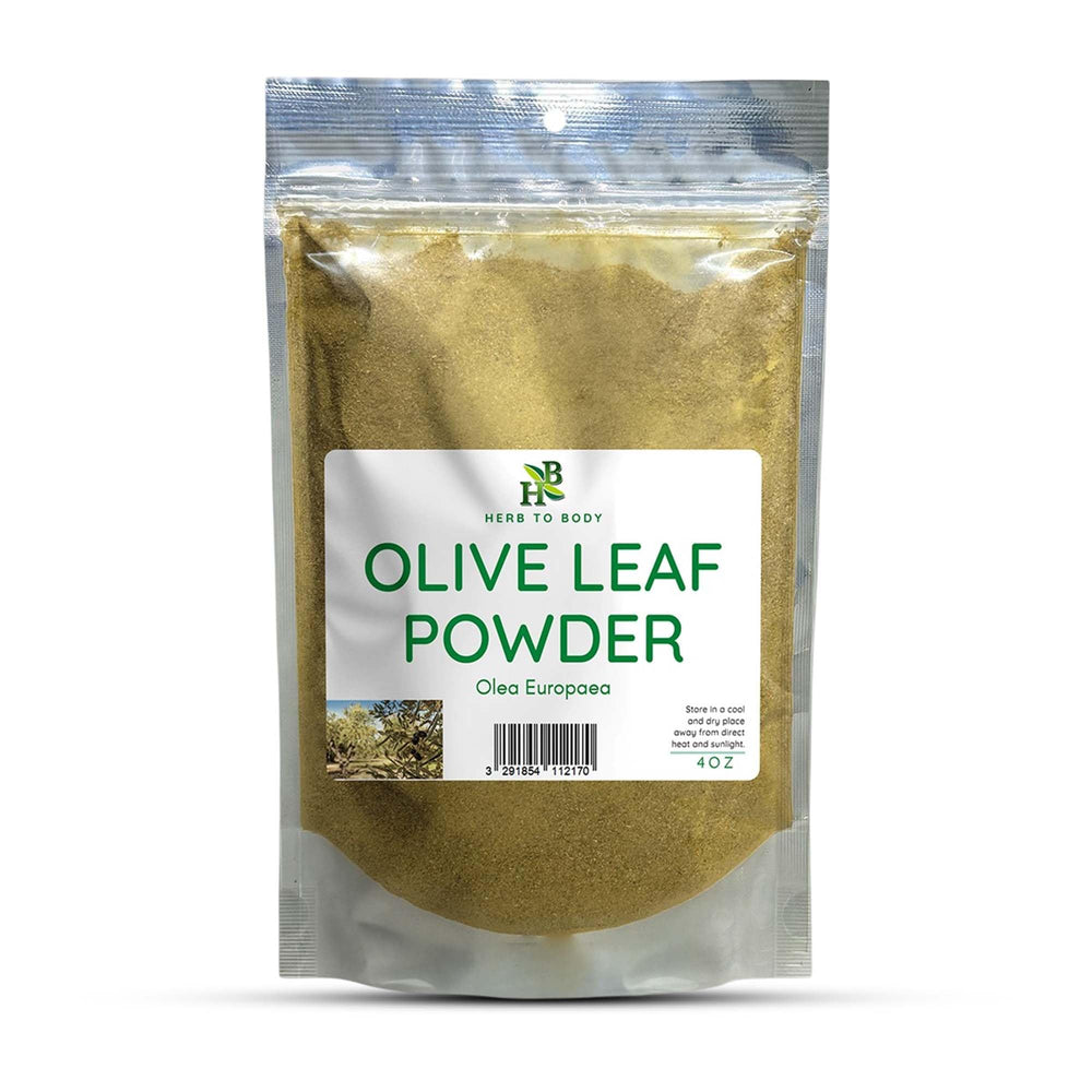 Herb To Body olive leaf powder in a 4oz pouch for tea and blends.