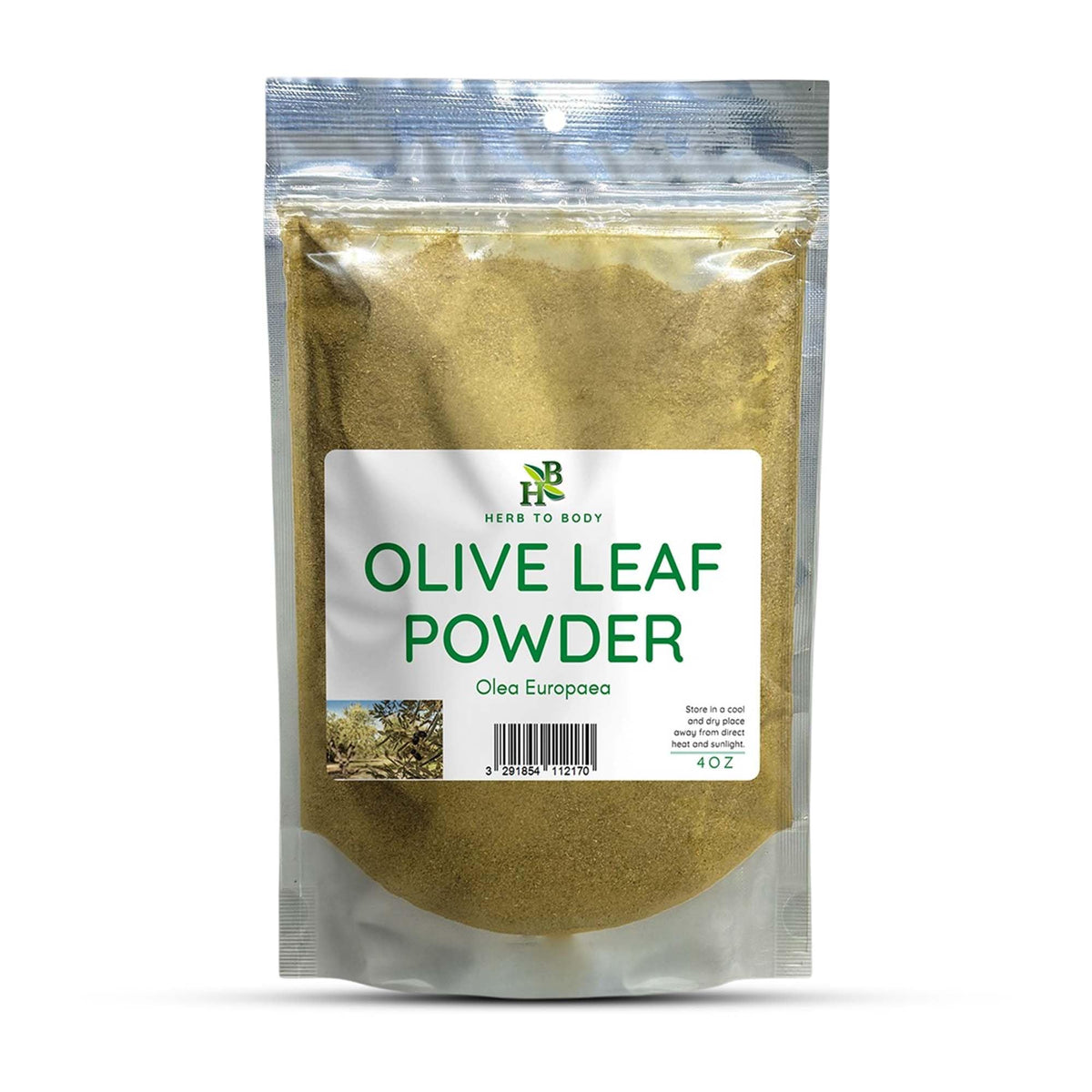 Herb To Body olive leaf powder in a 4oz pouch for tea and blends.