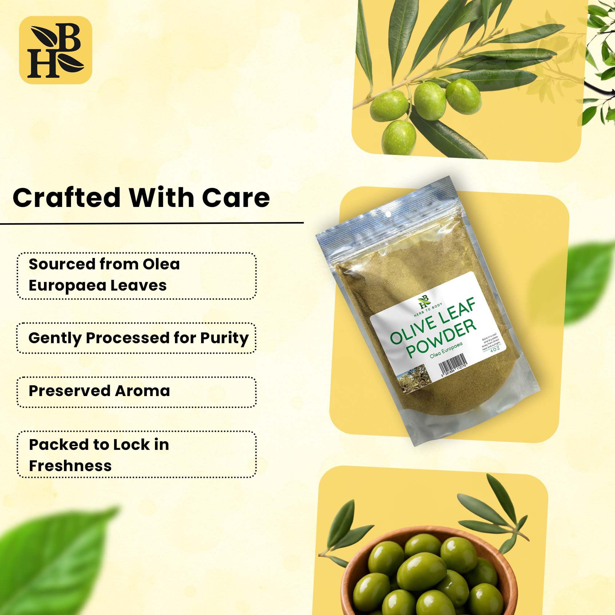 Herb To Body clean, additive-free olive leaf powder packaging.