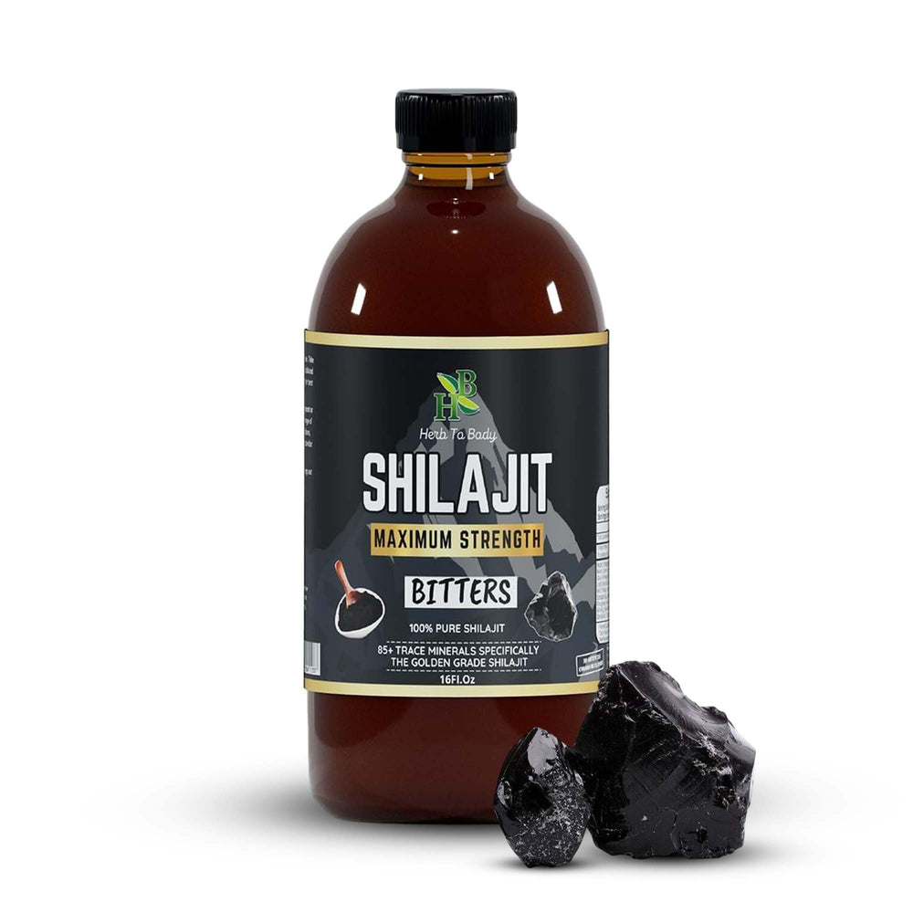 Herb To Body Pure Shilajit Bitter bottle closeup highlighting energy support