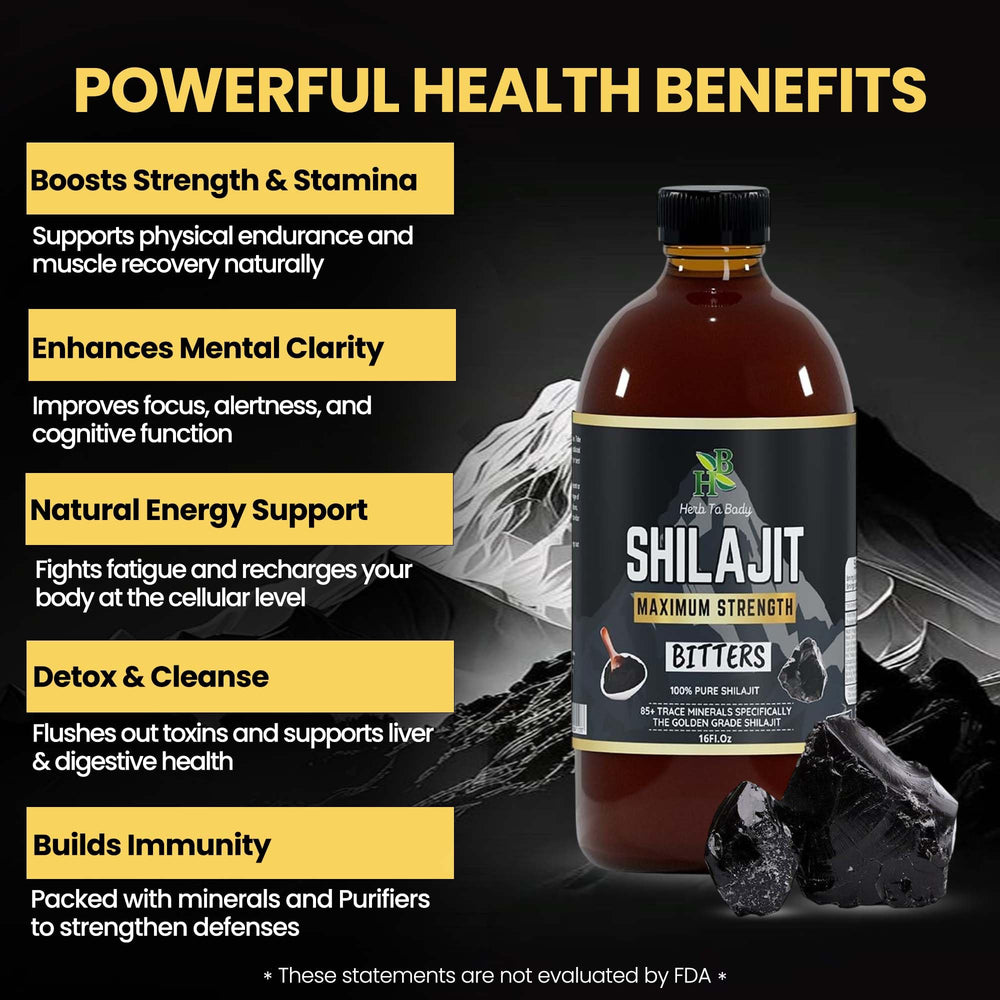 Herb To Body Pure Shilajit Bitter drops poured into water for convenience