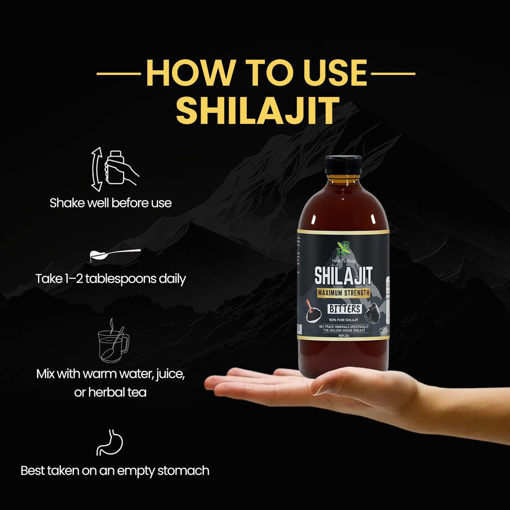 Herb To Body Pure Shilajit Bitter side view bottle for easy use