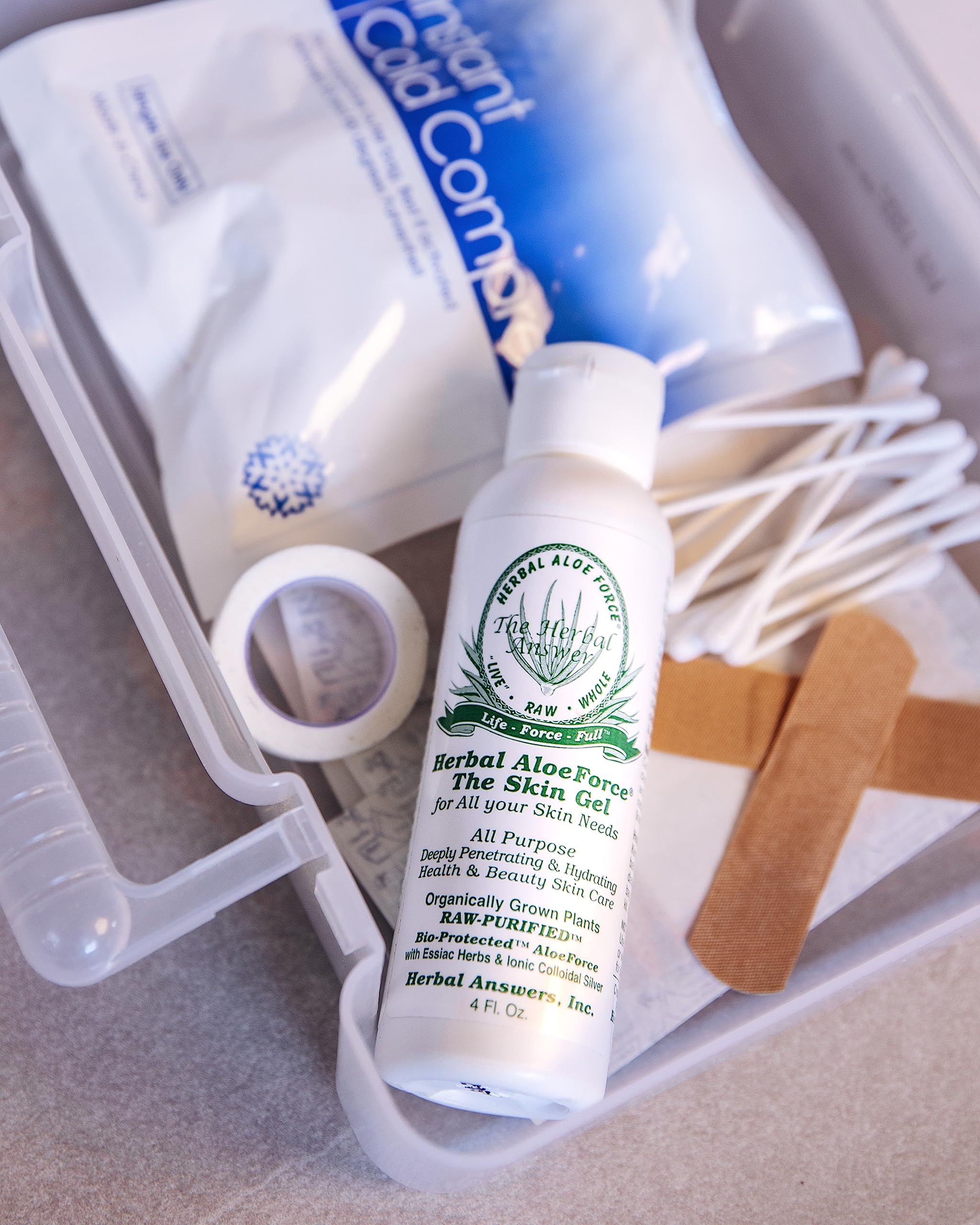Box packaging of Herbal Answers AloeForce Skin Gel on a shelf.