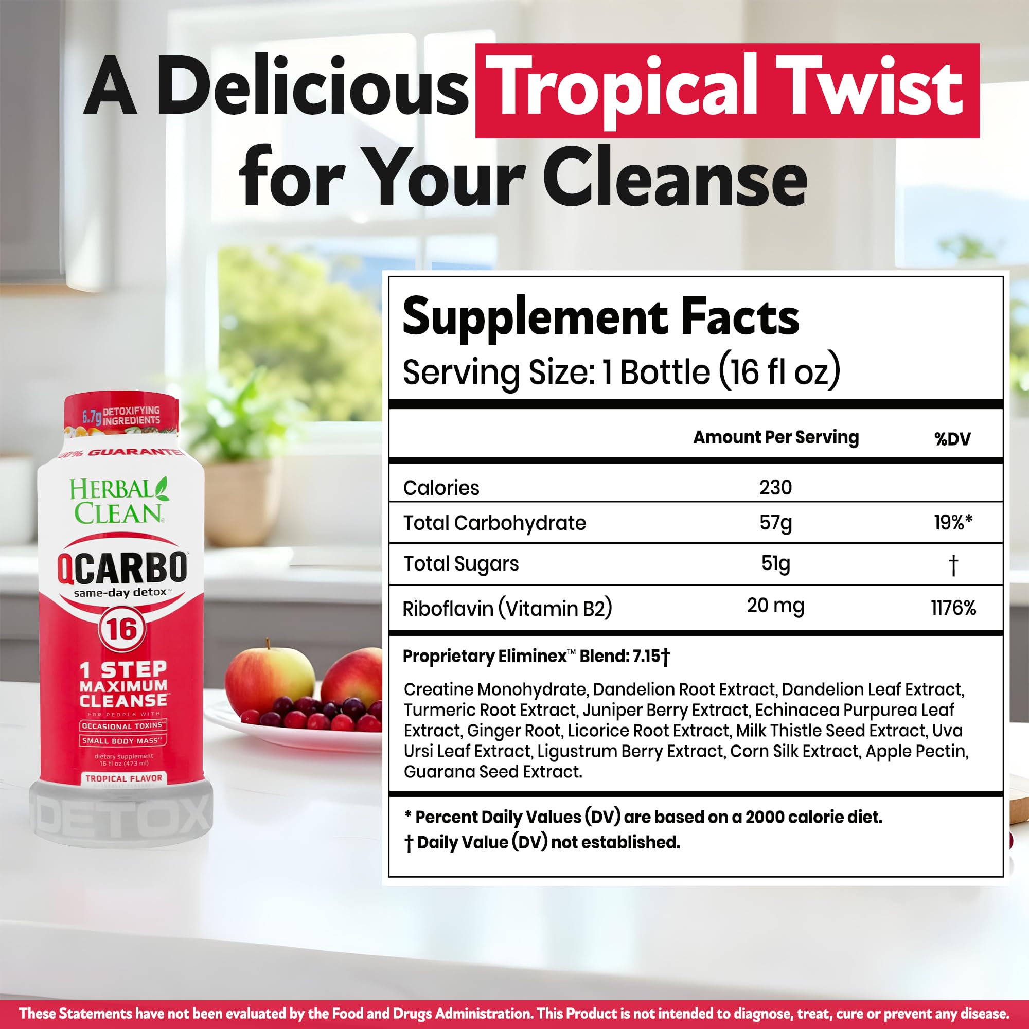 Herbal Clean Qcarbo16 16oz bottle label highlights vitamins B2 and B12