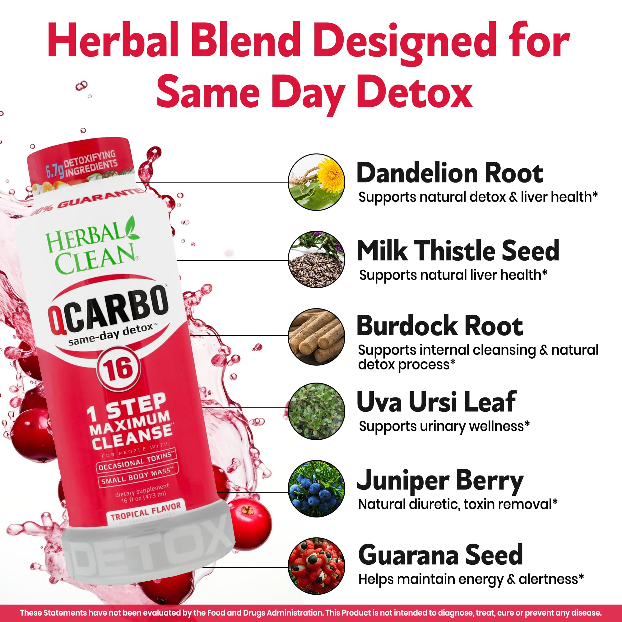 Herbal Clean Qcarbo16 bottle sideview shows compact, travel-ready detox option