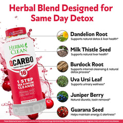 Herbal Clean Qcarbo16 bottle sideview shows compact, travel-ready detox option