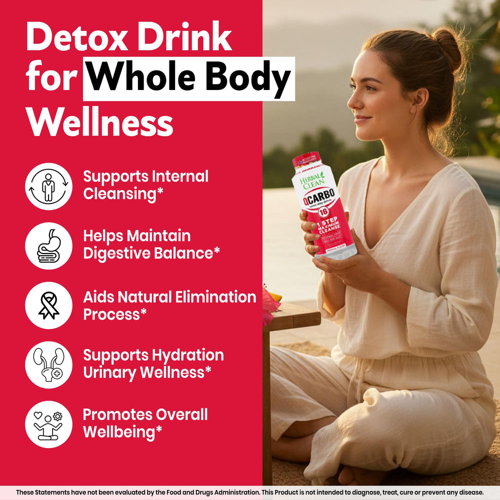 Herbal Clean Qcarbo16 glass with drink suggests refreshing tropical cleanse ready to sip