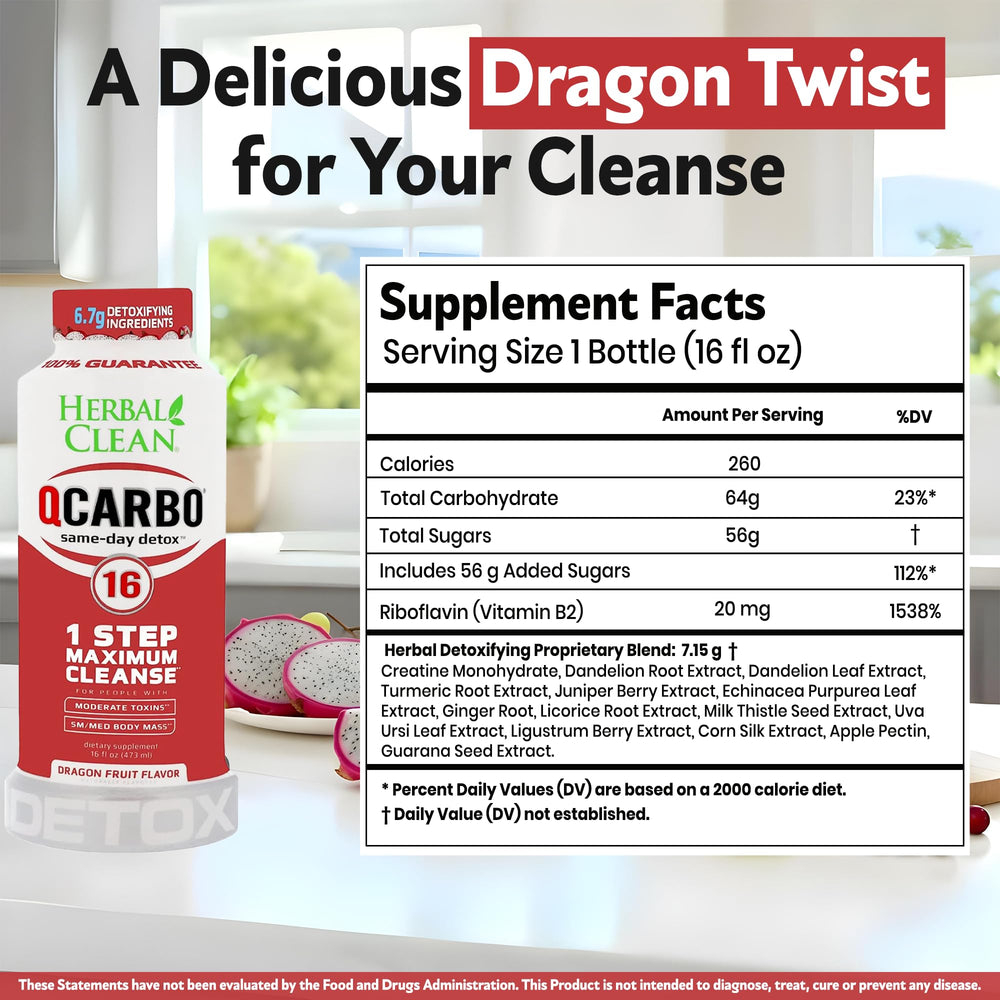 Herbal Clean Qcarbo16 ingredient panel highlights psyllium husk, triphala, bromelain for cleansing support.