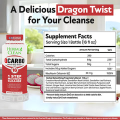 Herbal Clean Qcarbo16 ingredient panel highlights psyllium husk, triphala, bromelain for cleansing support.