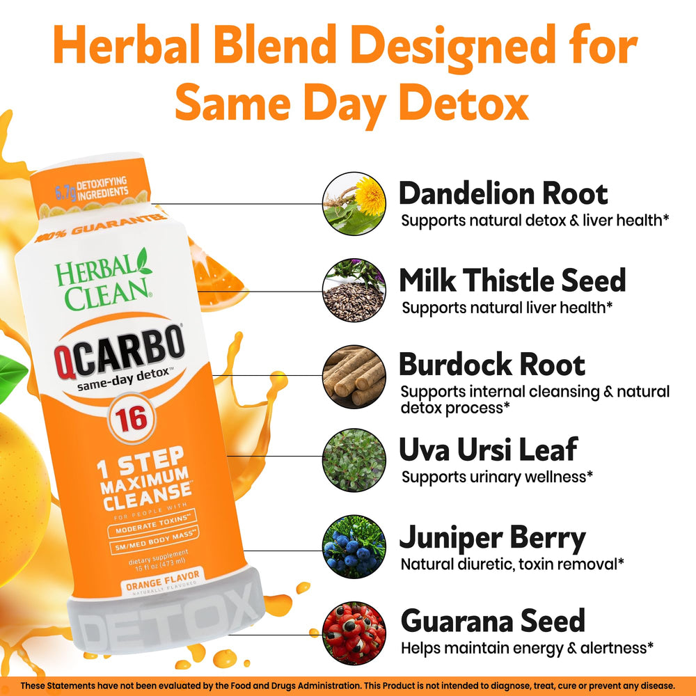 Close-up of Herbal Clean Qcarbo16 label highlighting herbal blend.
