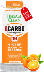 Herbal Clean Qcarbo16 orange bottle for quick one-day detox support.