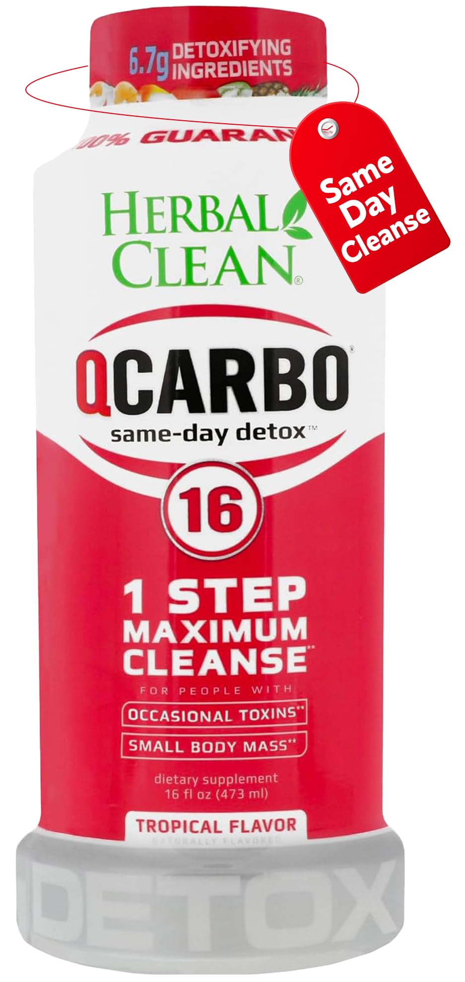 Herbal Clean Qcarbo16 tropical bottle showing refreshing detox potential for busy days