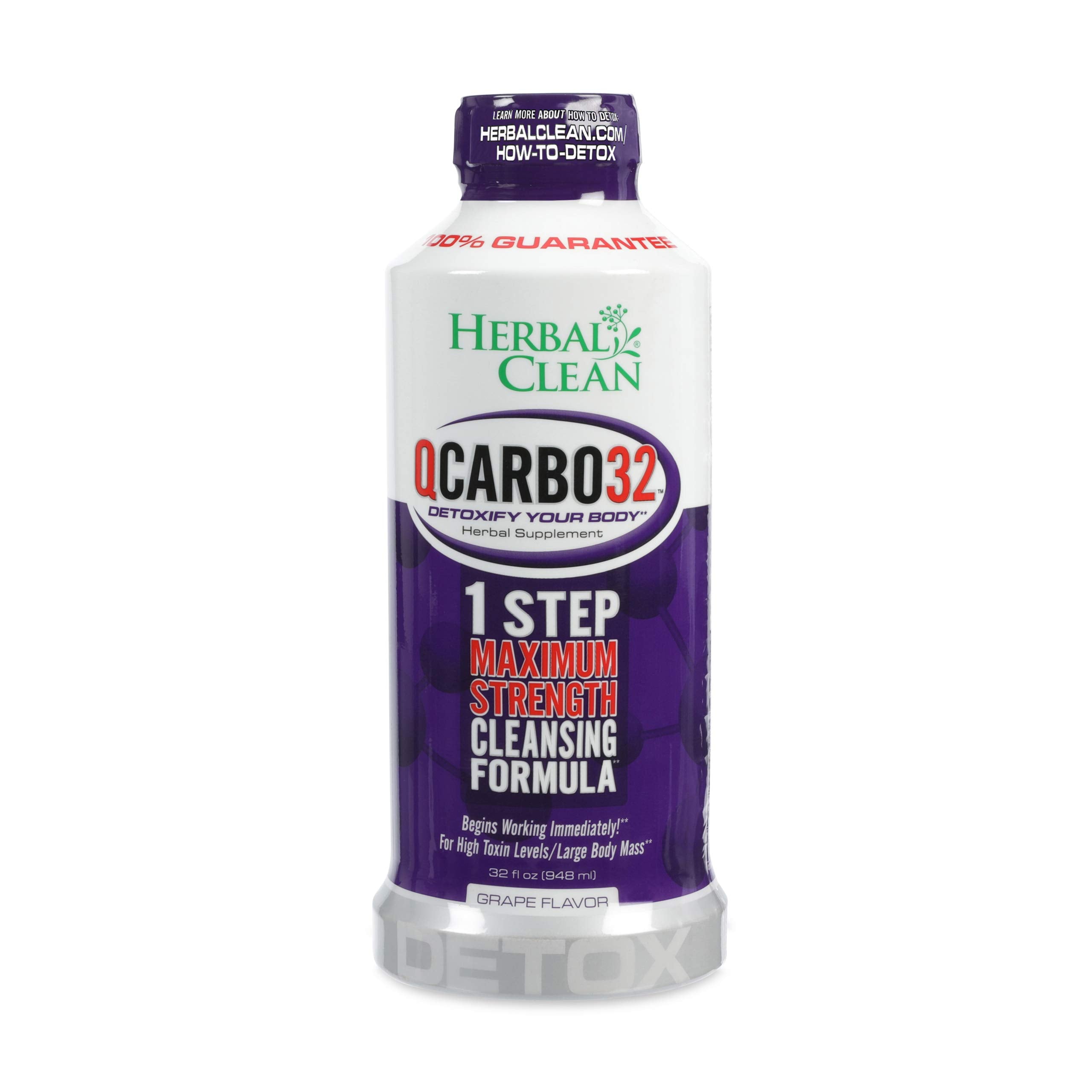 Herbal Clean Qcarbo32 grape bottle back view highlights vitamin blends for energy support.