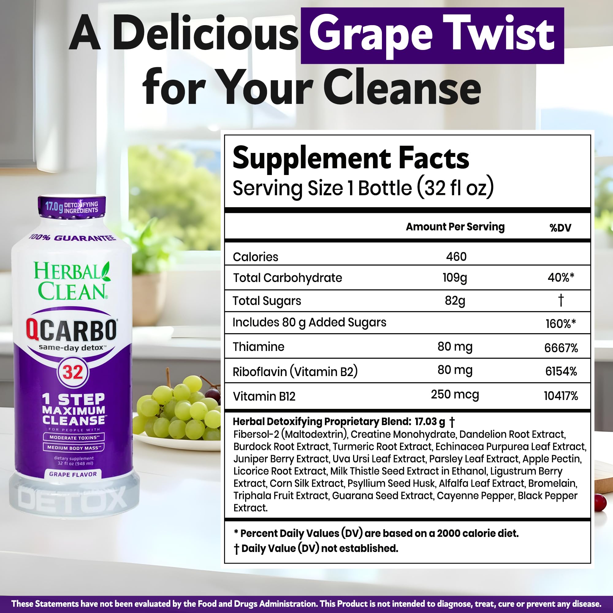 Herbal Clean Qcarbo32 grape bottle front showcases the convenient detox option.