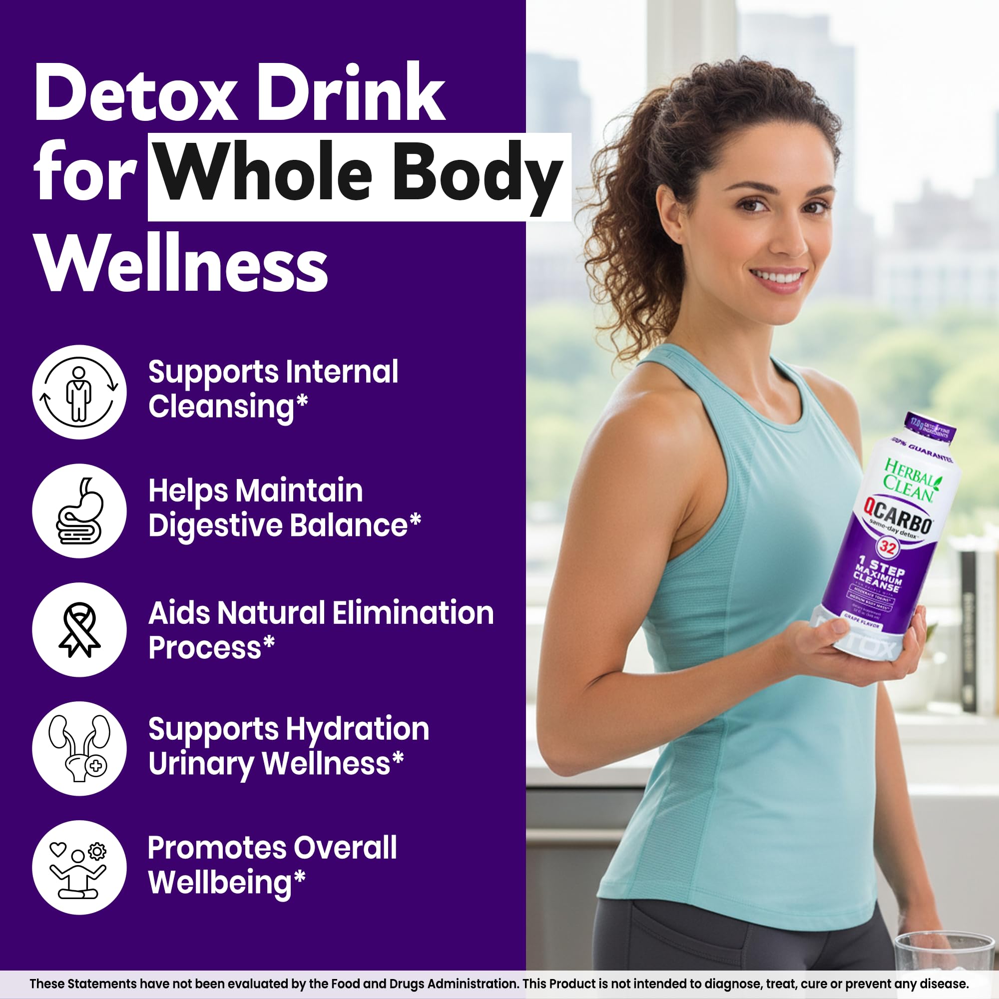 Herbal Clean Qcarbo32 grape bottle on countertop suggests at-home cleansing after workouts.