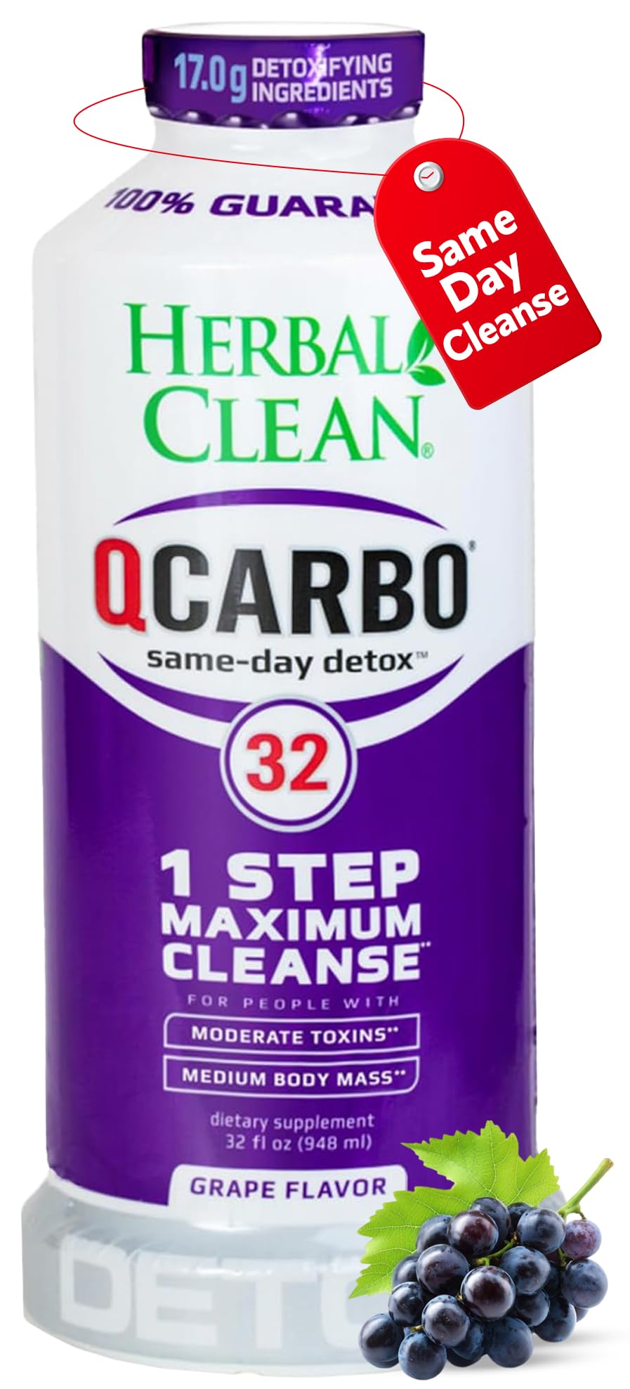 Herbal Clean Qcarbo32 grape bottle pour aids a one-day cleanse ritual.