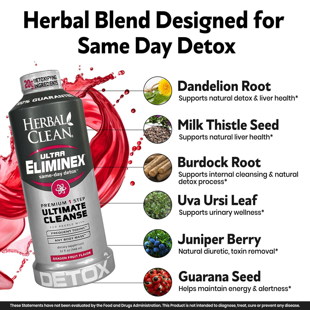 Milk thistle visible on Herbal Clean Eliminex label emphasizes natural detox ingredients.