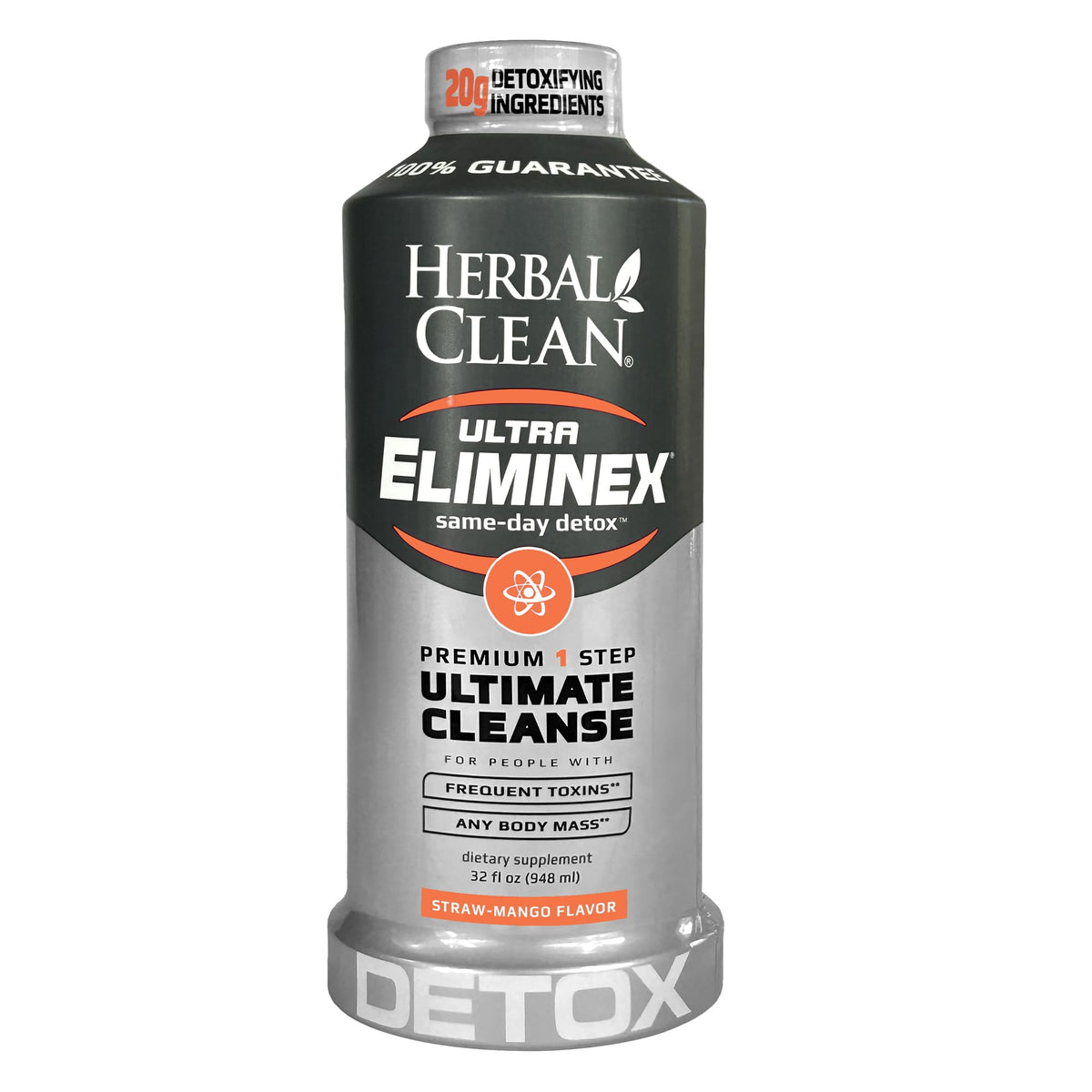 Herbal Clean Same Day Eliminex bottle with straw-mango flavor for a refreshing detox experience.