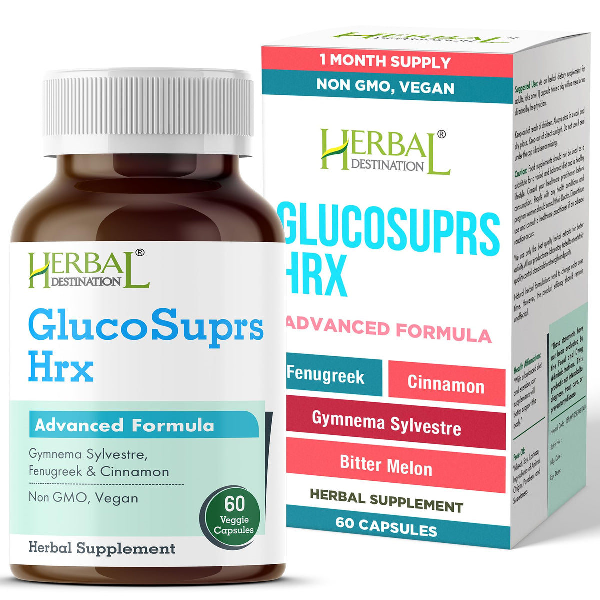 Herbal Destination GlucoSuprs HRX bottle front for daily wellness support.