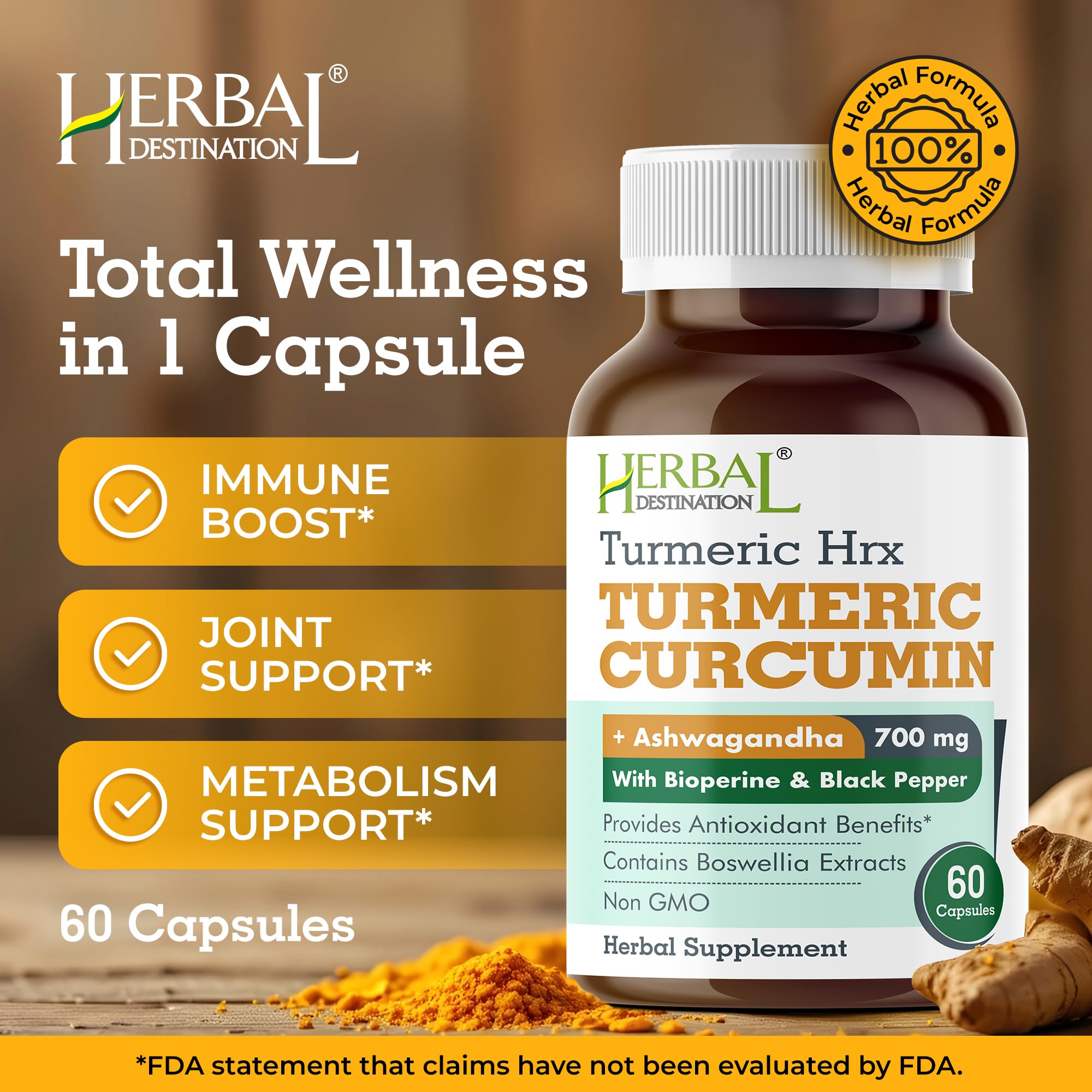 Herbal Destination HRX capsules close-up highlighting curcumin and black pepper synergy.