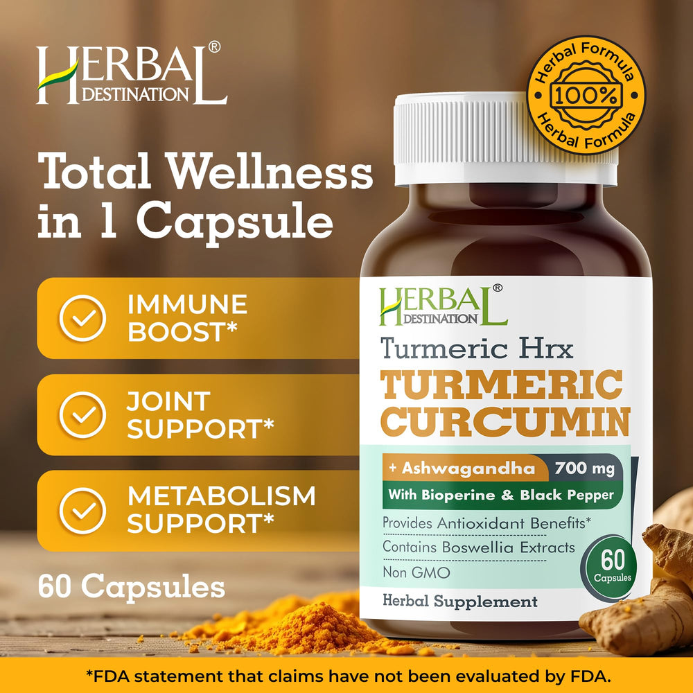 Herbal Destination HRX capsules close-up highlighting curcumin and black pepper synergy.