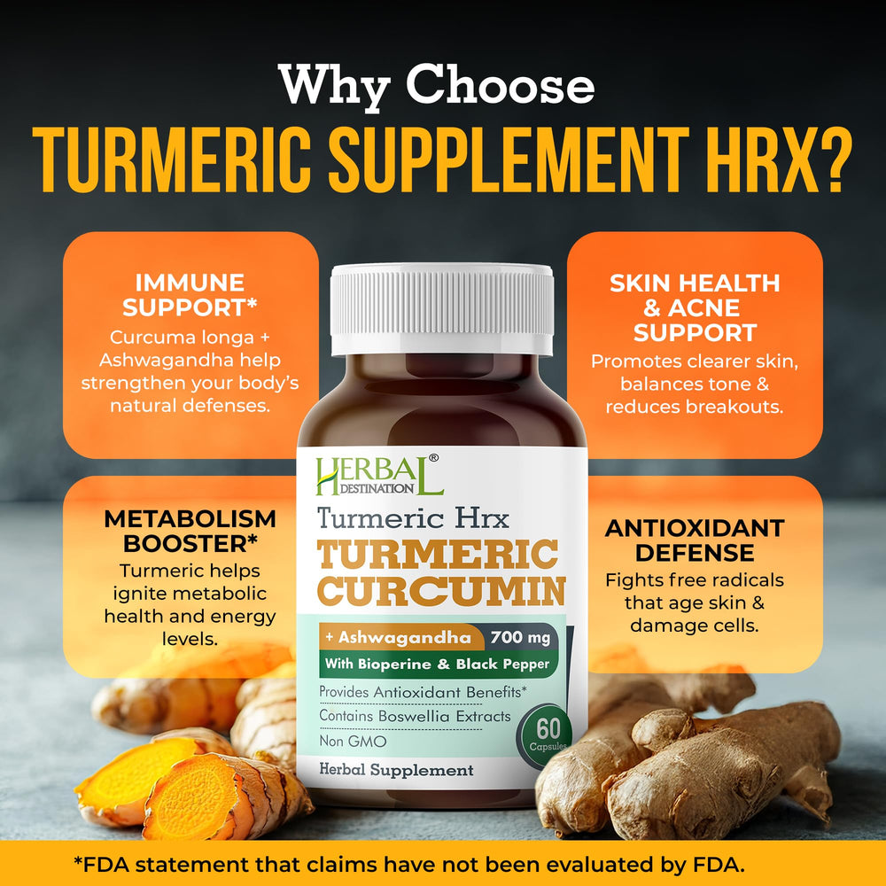 Herbal Destination HRX ingredients show curcuma longa extract for antioxidants.