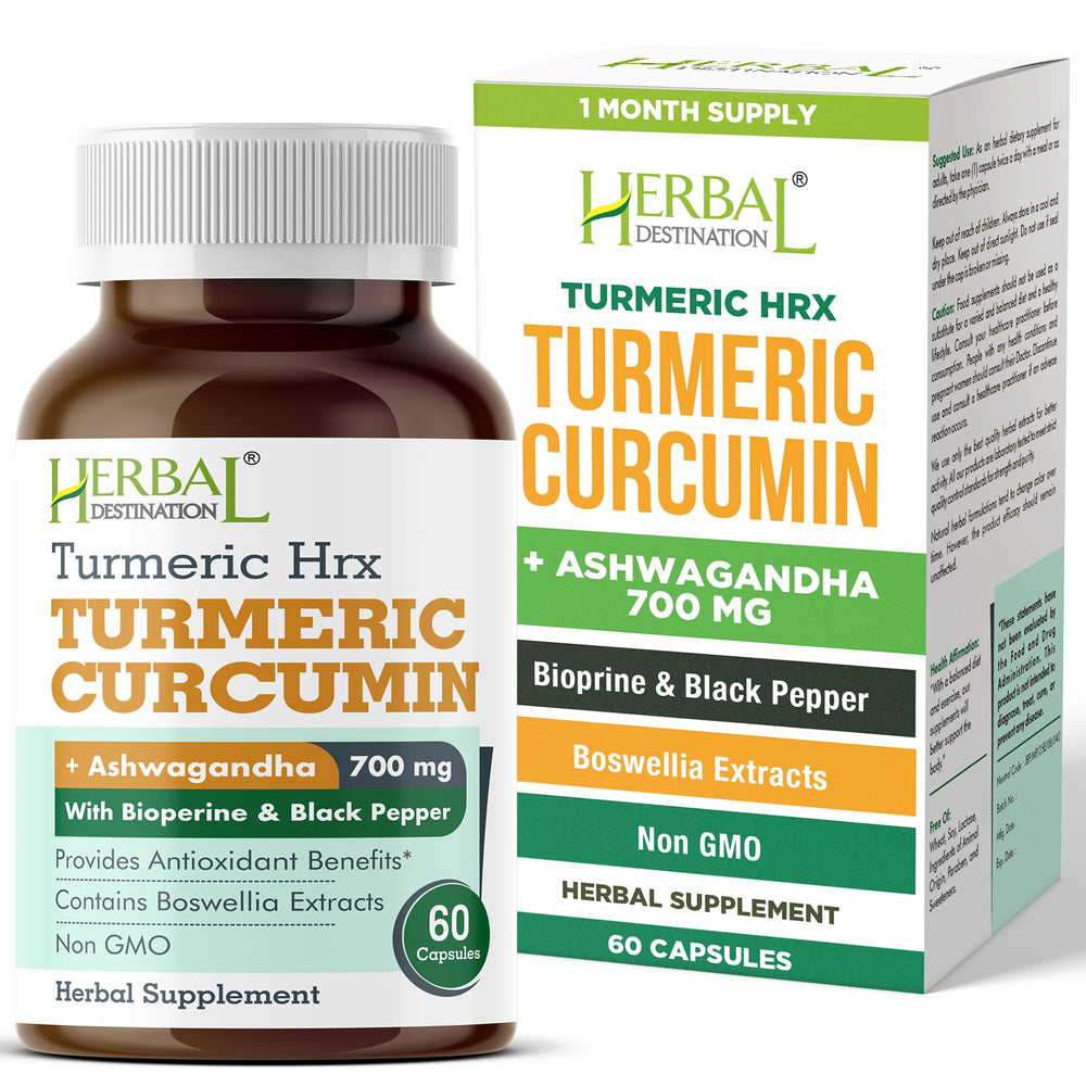 Herbal Destination HRX turmeric supplement bottle promotes daily immune and metabolism support.