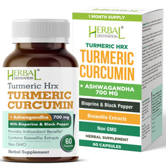 Herbal Destination HRX turmeric supplement bottle promotes daily immune and metabolism support.