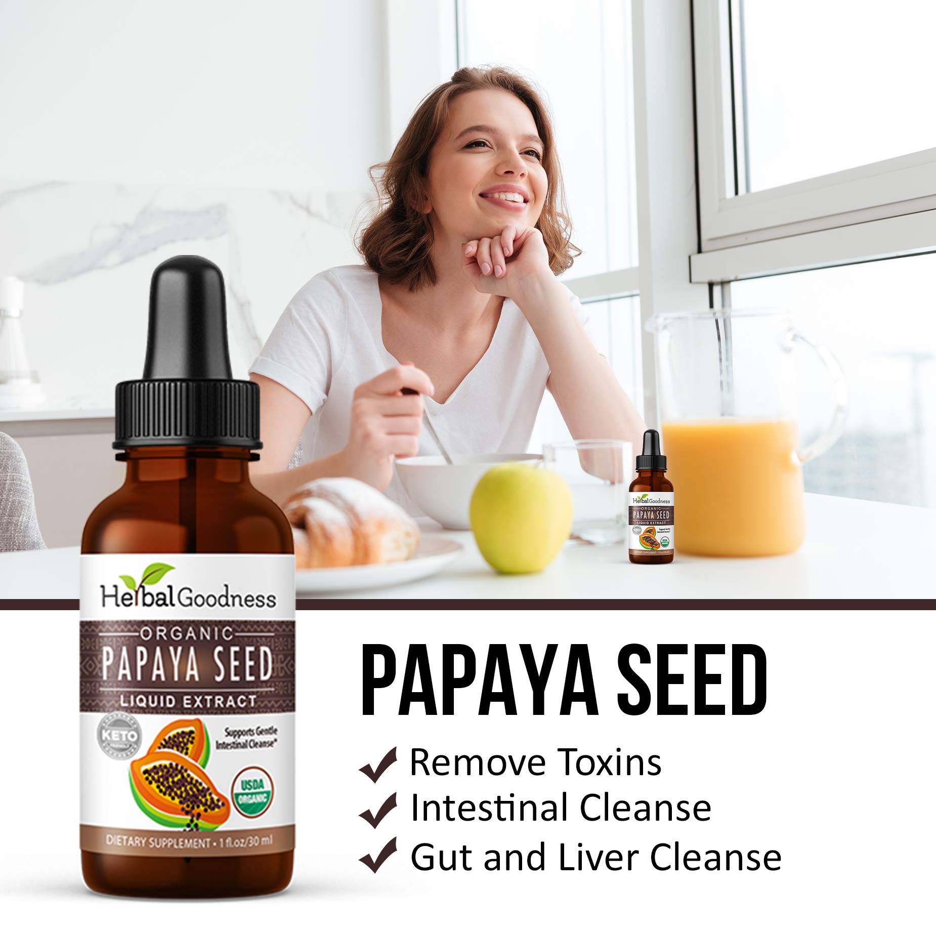 Herbal Goodness papaya seeds powder display, antioxidant-rich ingredient highlight.