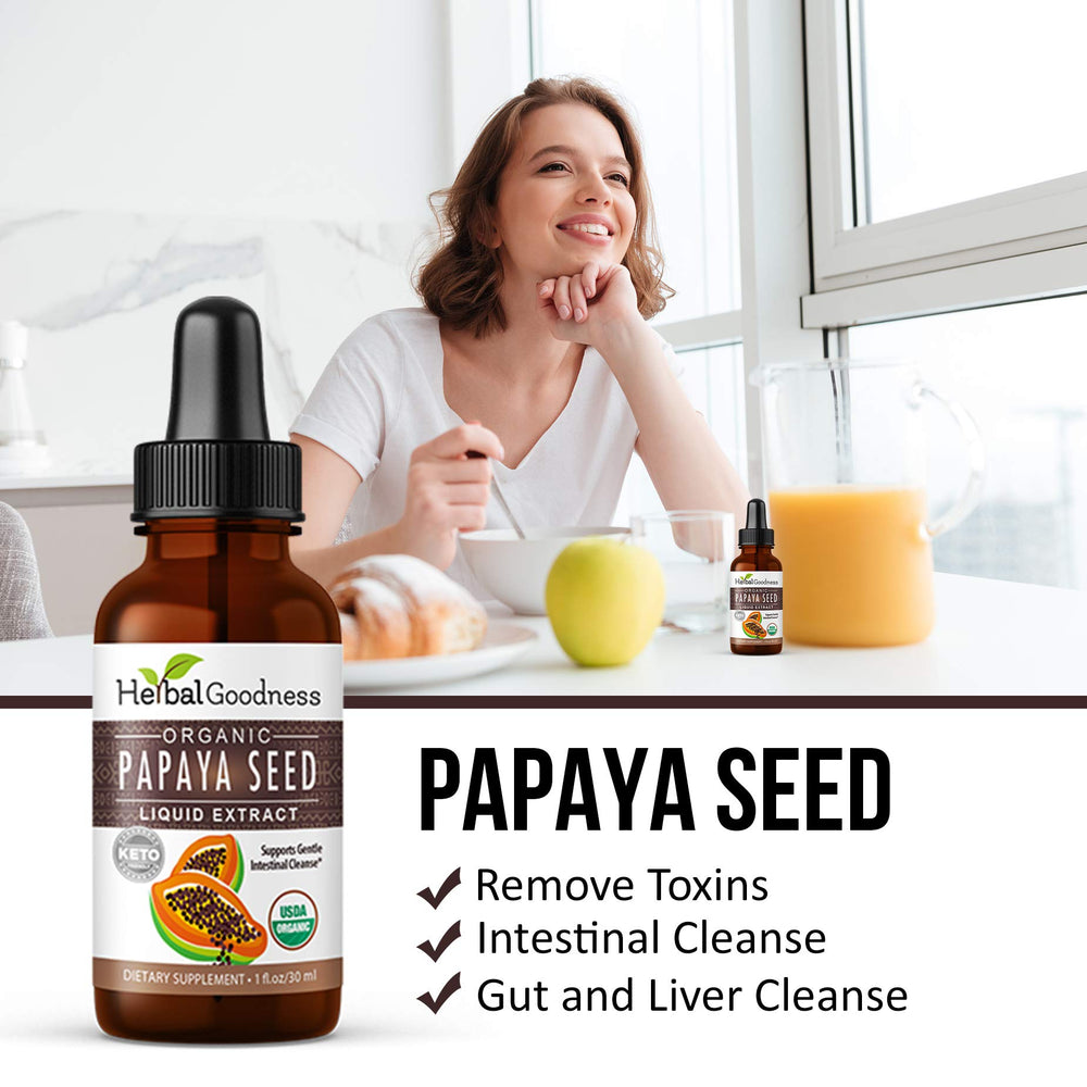 Herbal Goodness papaya seeds powder display, antioxidant-rich ingredient highlight.