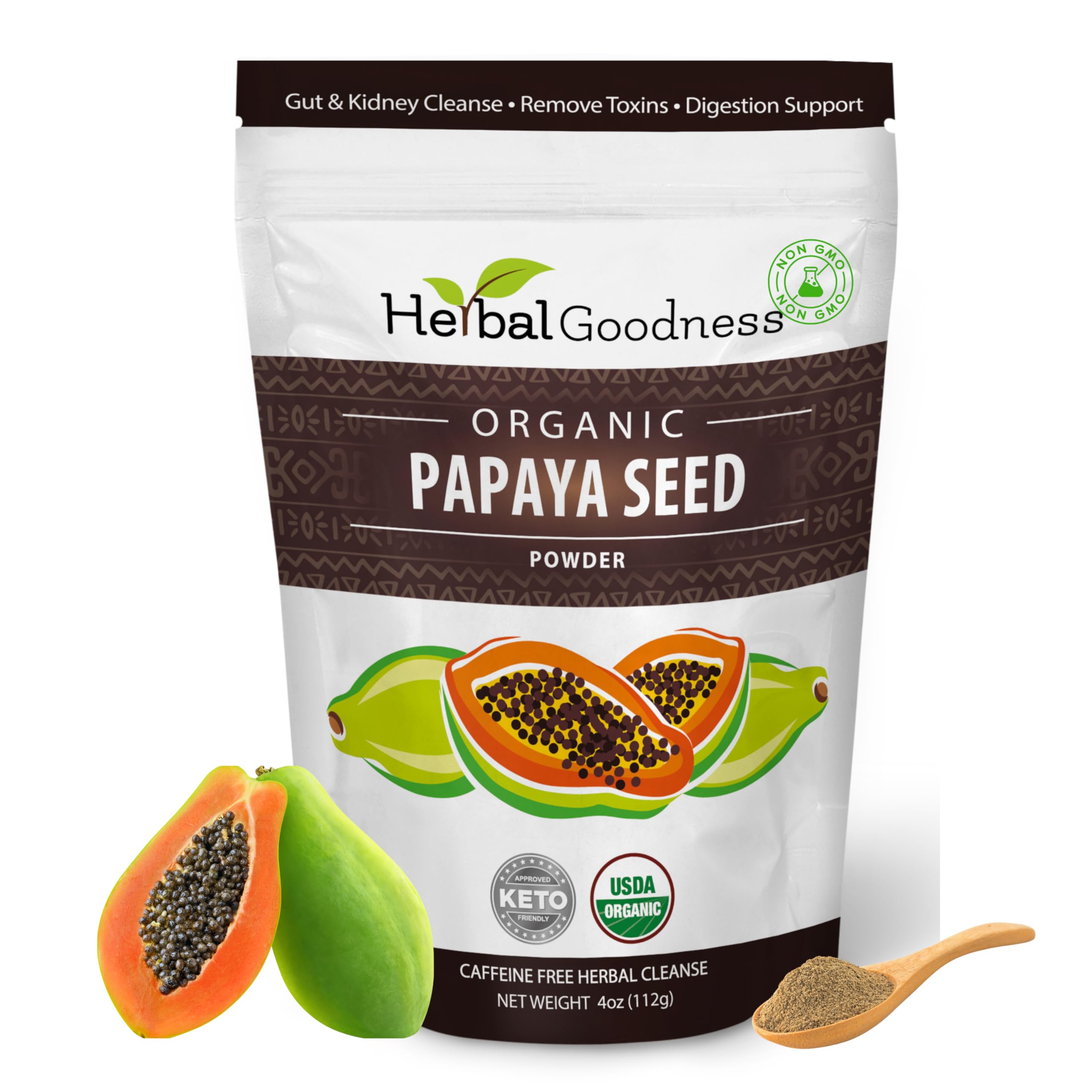 Herbal Goodness Papaya Seeds Powder packaging with organic seal for clean digestion.