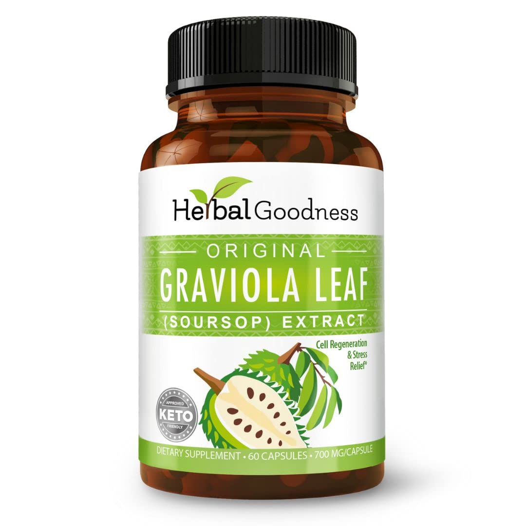 Herbal Goodness Soursop capsules bottle showing 700mg strength for daily antioxidant support.