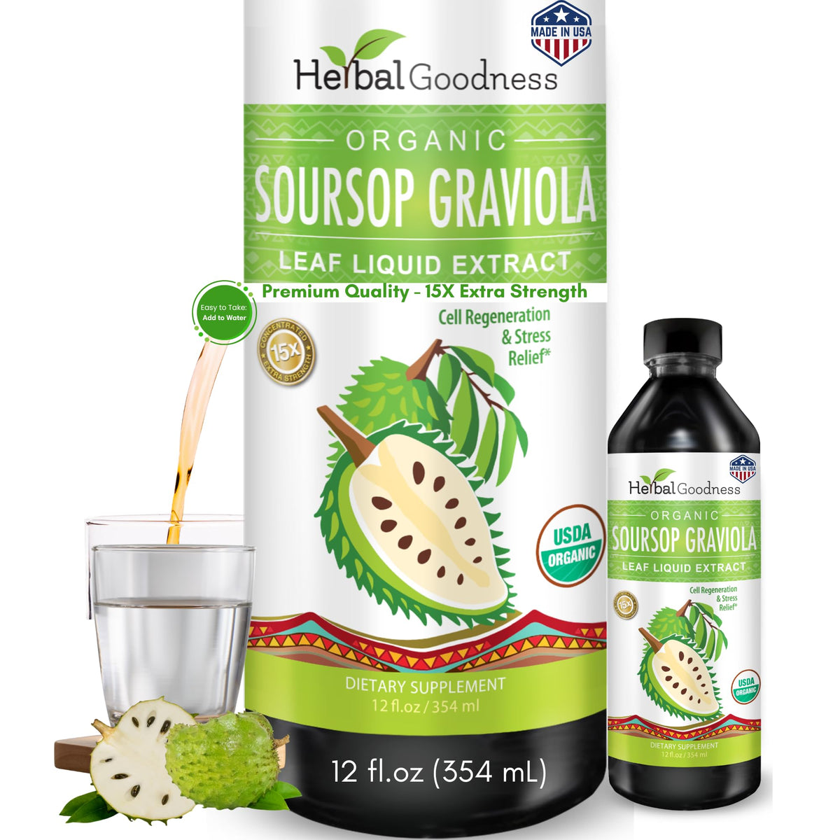 Herbal Goodness Soursop Drops bottle front showcases premium organic extract for daily wellness