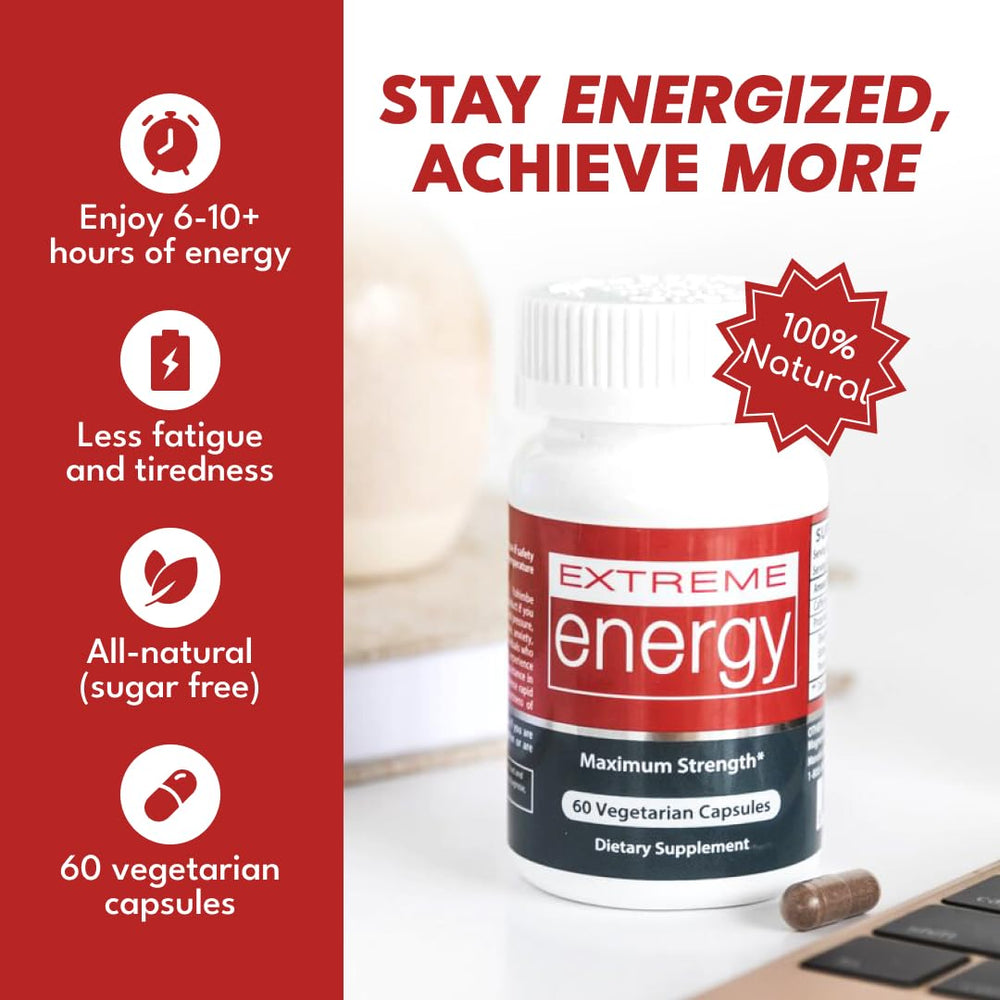 Extreme Energy pills closeup highlighting natural herbal components for steady focus