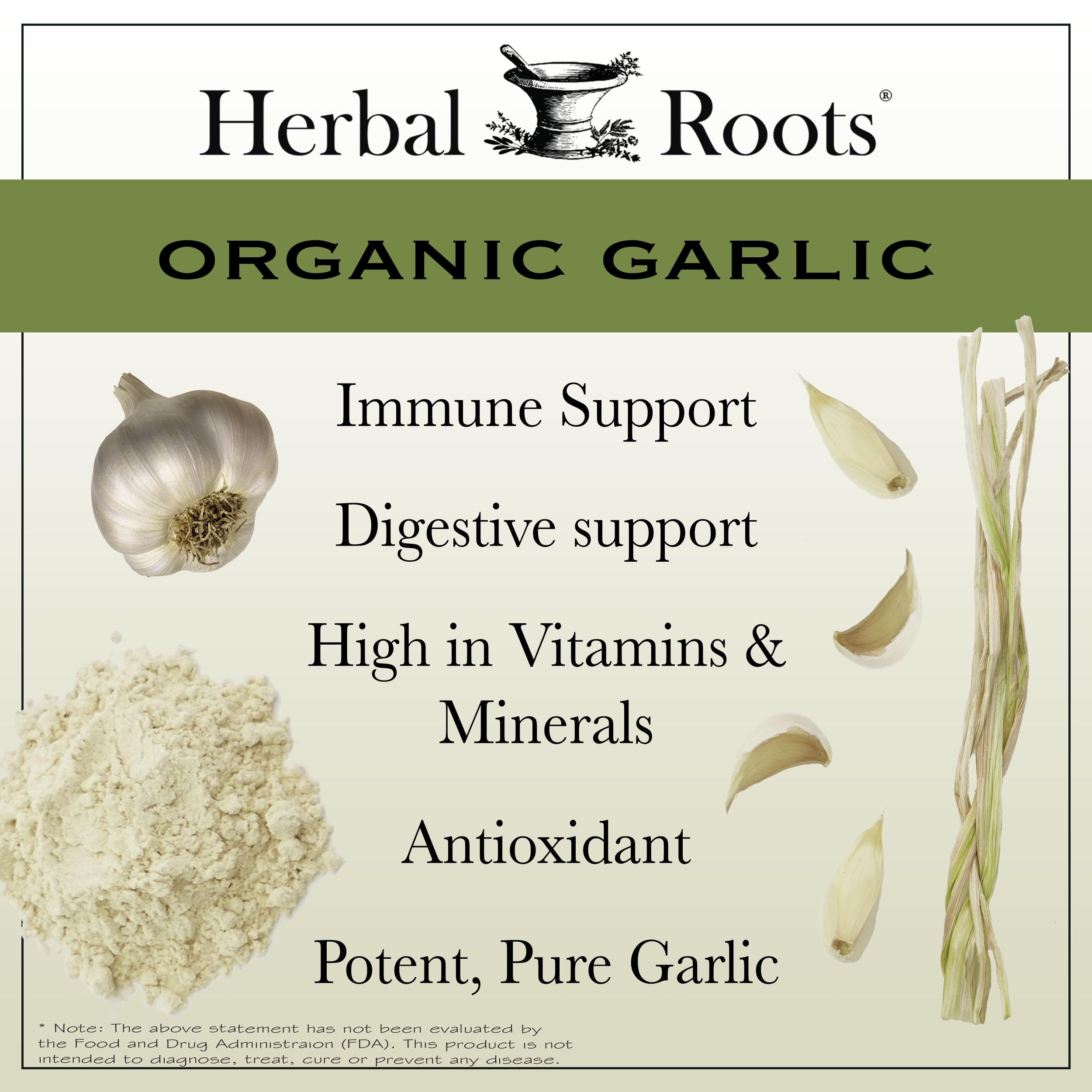 Herbal Roots bottle shows 600 mg dosage for potent garlic capsules.