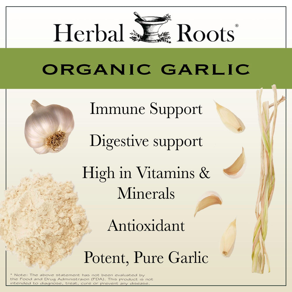 Herbal Roots bottle shows 600 mg dosage for potent garlic capsules.