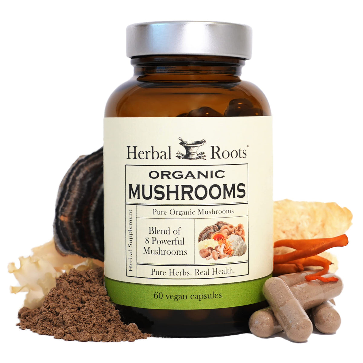 Herbal Roots 8 Mushroom Blend bottle with vegan capsules for daily wellness.