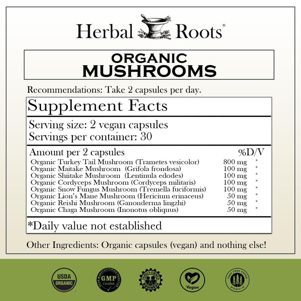 Close-up of Herbal Roots 8 Mushroom Blend capsules for daily vitality.